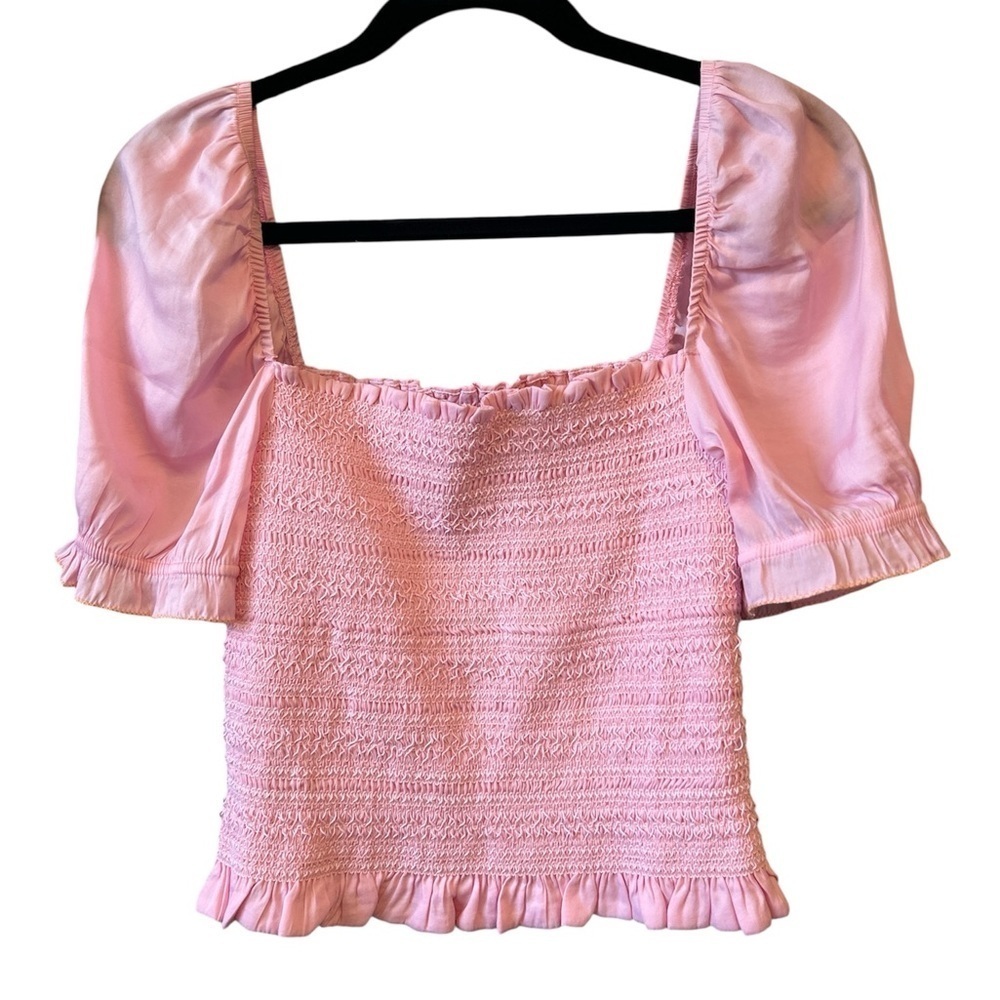 dolan Smocked Puff Sleeve Cropped Pink Blouse Shirt Small - Picture 2 of 7
